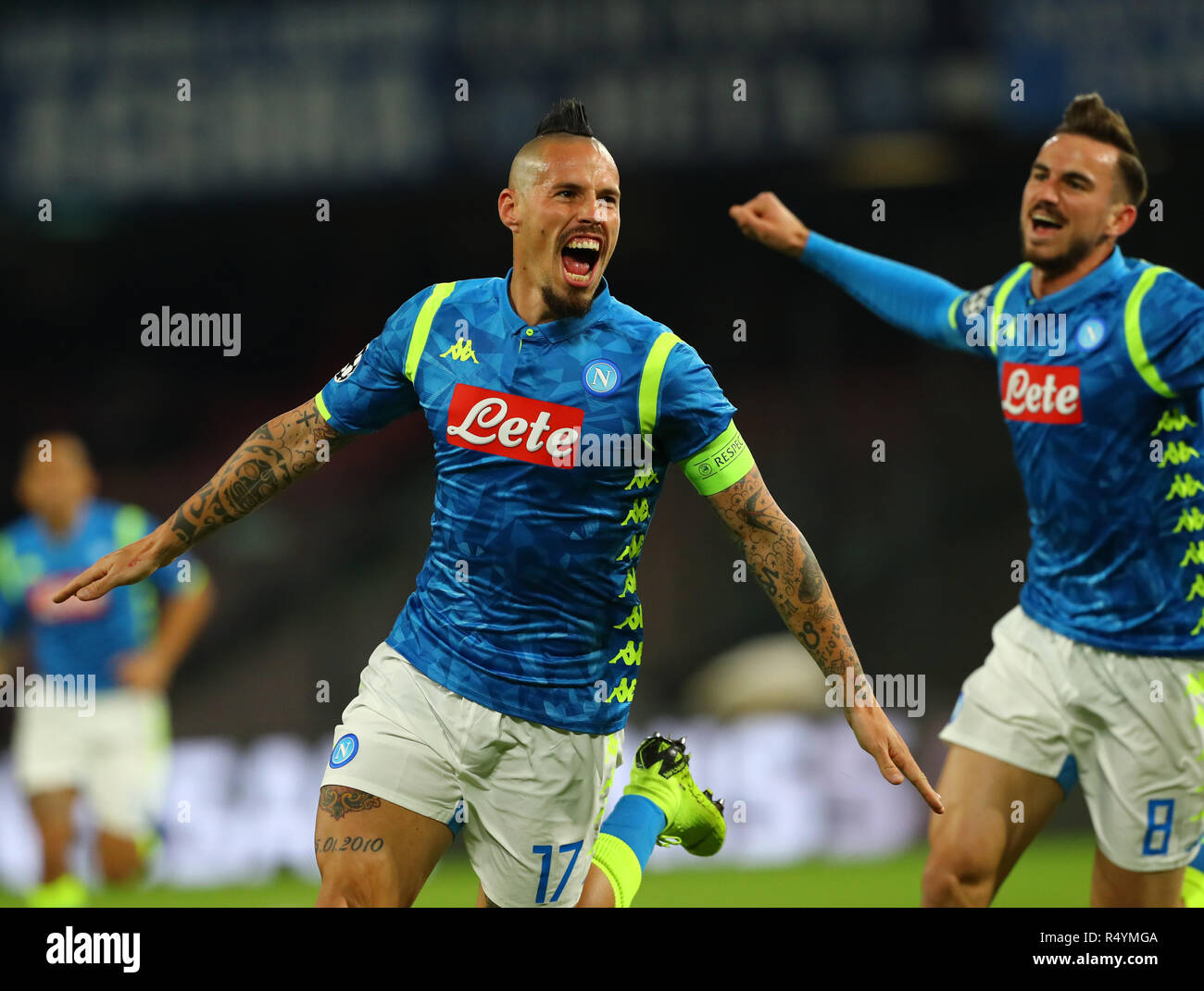 Naples, Italy. 28th Nov, 2018. Napoli's Marek Hamsik (L) celebrates his goal during the UEFA Champions League Group C match between Napoli and Red Star Belgrade in Naples, Italy, Nov. 28, 2018. Napoli won 3-1. Credit: Alberto Lingria/Xinhua/Alamy Live News Stock Photo