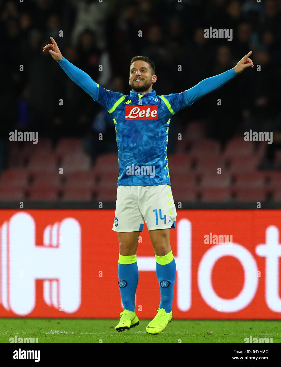 Naples, Italy. 28th Nov, 2018. Napoli's Dries Mertens celebrates his goal during the UEFA Champions League Group C match between Napoli and Red Star Belgrade in Naples, Italy, Nov. 28, 2018. Napoli won 3-1. Credit: Alberto Lingria/Xinhua/Alamy Live News Stock Photo