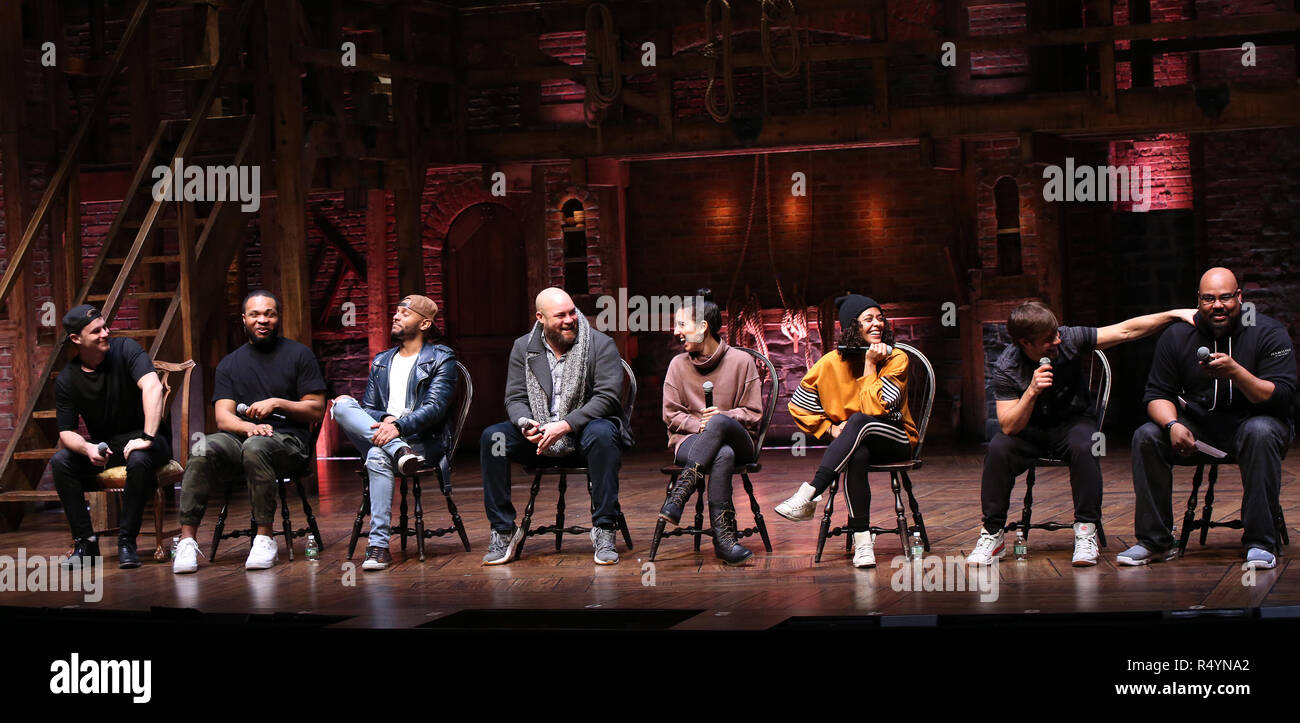 Robert Walters, Sean Green Jr., Terrance Spencer, Gregory Treco, Gabriella Sorrentino, Sasha Hollinger, Thayne Jasperson and James Monroe Iglehart during The Rockefeller Foundation and The Gilder Lehrman Institute of American History sponsored High School student #eduHam matinee performance of "Hamilton" Q & A at the Richard Rodgers Theatre on November 28, 2018 in New York City. Credit: Walter McBrde/MediaPunch Stock Photo