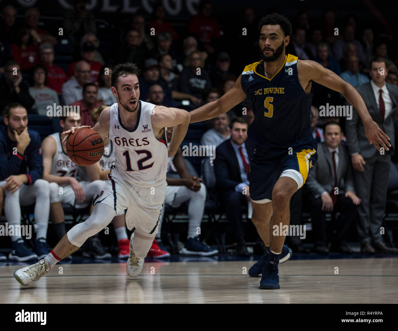 McKeon Pavilion Moraga Calif, USA. 28th Nov, 2018. U.S.A. St. Mary's guard Tommy Kuhse (12) drives to the hoop during the NCAA Men's Basketball game between UC Irvine Anteaters and the Saint Mary's Gaels 75-80 lost at McKeon Pavilion Moraga Calif. Thurman James/CSM/Alamy Live News Stock Photo