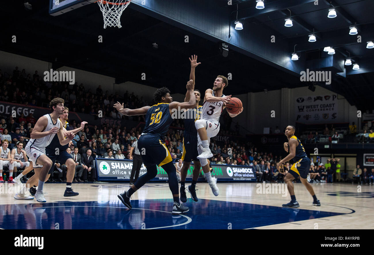 McKeon Pavilion Moraga Calif, USA. 28th Nov, 2018. U.S.A. St. Mary's guard Jordan Ford (3) drive to the hoop during the NCAA Men's Basketball game between UC Irvine Anteaters and the Saint Mary's Gaels 75-80 lost at McKeon Pavilion Moraga Calif. Thurman James/CSM/Alamy Live News Stock Photo
