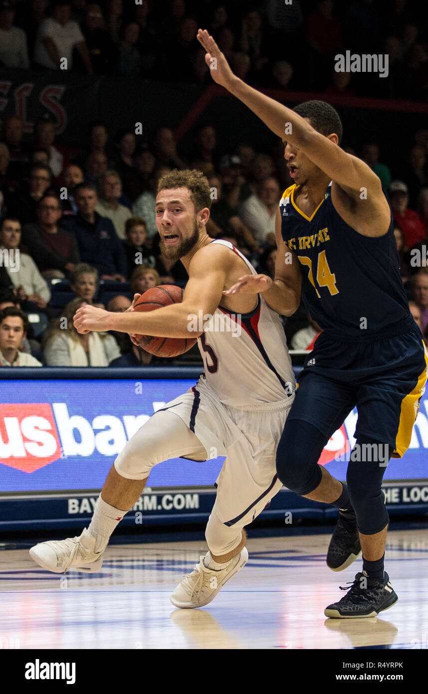 McKeon Pavilion Moraga Calif, USA. 28th Nov, 2018. U.S.A. St. Mary's guard Jordan Ford (3) drive to the hoop during the NCAA Men's Basketball game between UC Irvine Anteaters and the Saint Mary's Gaels 75-80 lost at McKeon Pavilion Moraga Calif. Thurman James/CSM/Alamy Live News Stock Photo