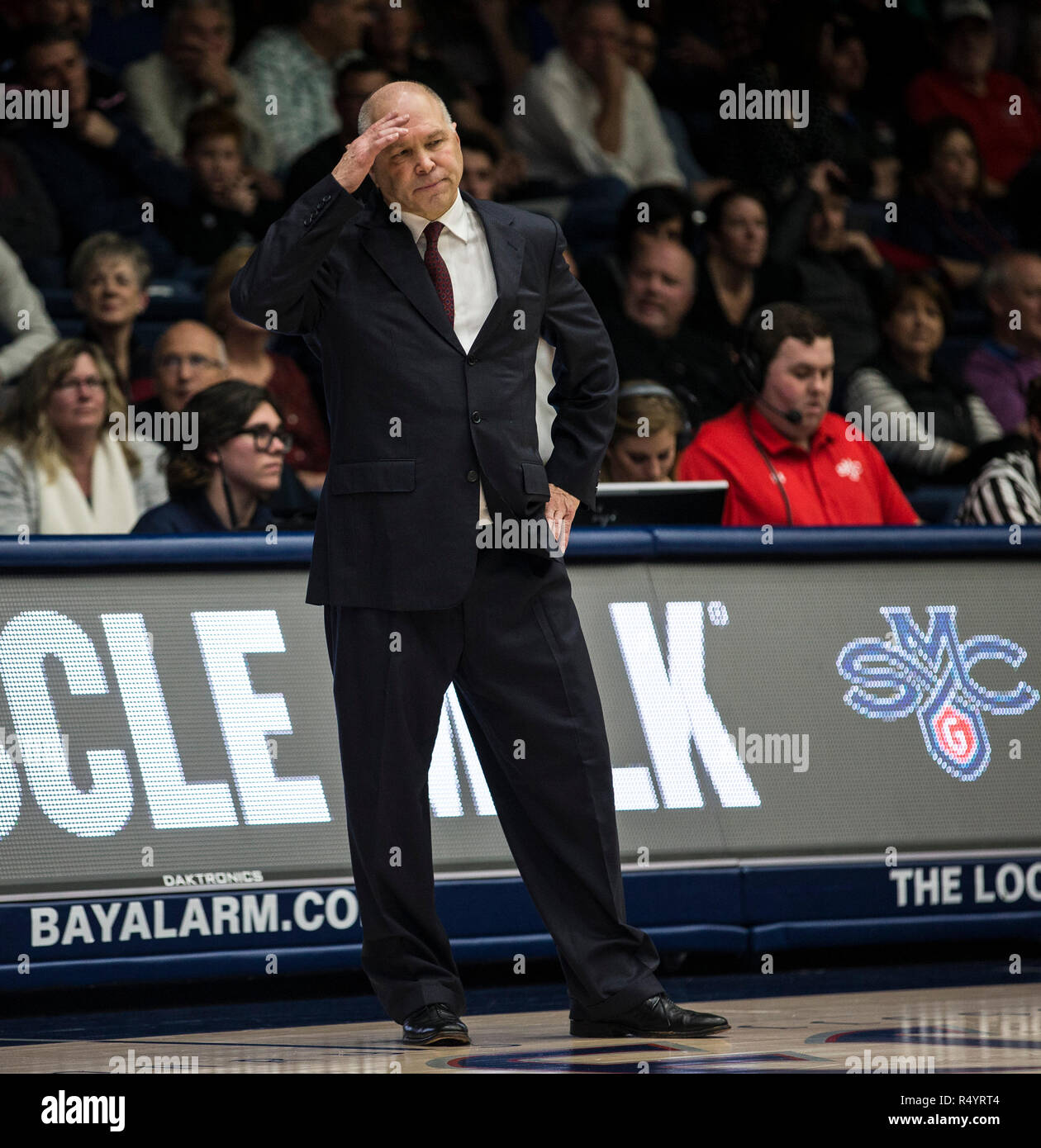 McKeon Pavilion Moraga Calif, USA. 28th Nov, 2018. U.S.A. St. Mary's head coach Randy Bennett during the NCAA Men's Basketball game between UC Irvine Anteaters and the Saint Mary's Gaels 75-80 lost at McKeon Pavilion Moraga Calif. Thurman James/CSM/Alamy Live News Stock Photo