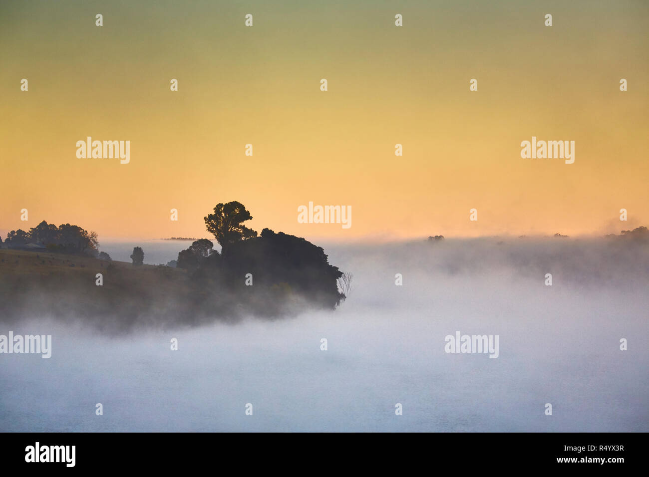 A spring sunrise with the early morning mist covering over the Clarence River with trees just visable near Seelands, New South Wales, Australia Stock Photo