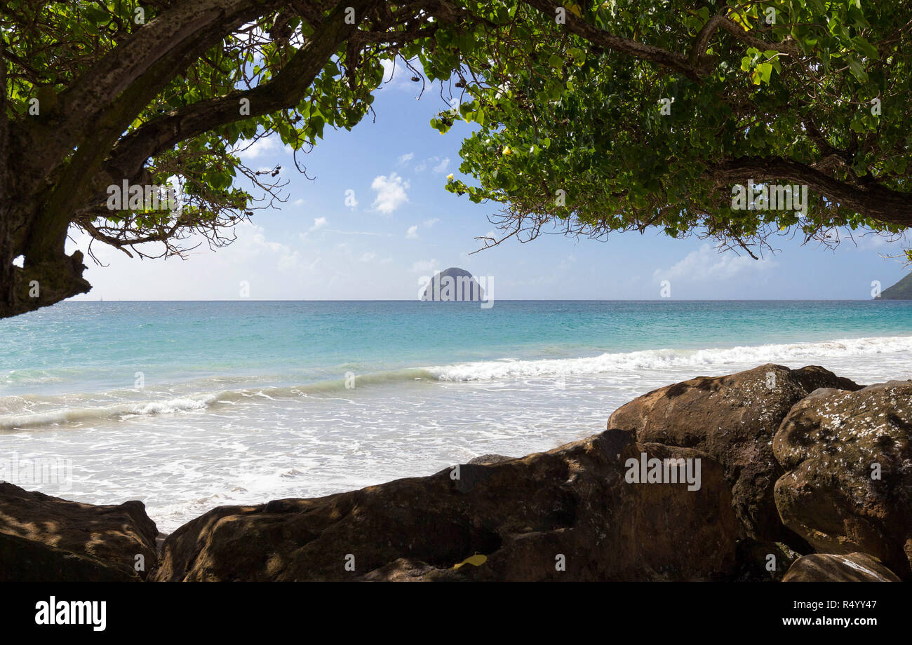The Diamond rock and Caribbean beach , Martinique island. Stock Photo