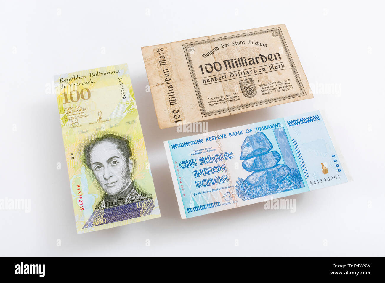 Hyperinflation - the 3 classic cases: Germany 1920s (100 Billion Marks), Zimbabwe Dollar (100 Trillion, 2008), Venezuelan 100,000 Bolivar banknote. Stock Photo