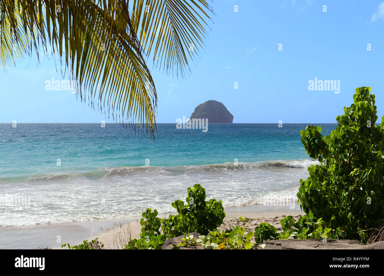 The Diamond rock and Caribbean beach , Martinique island. Stock Photo