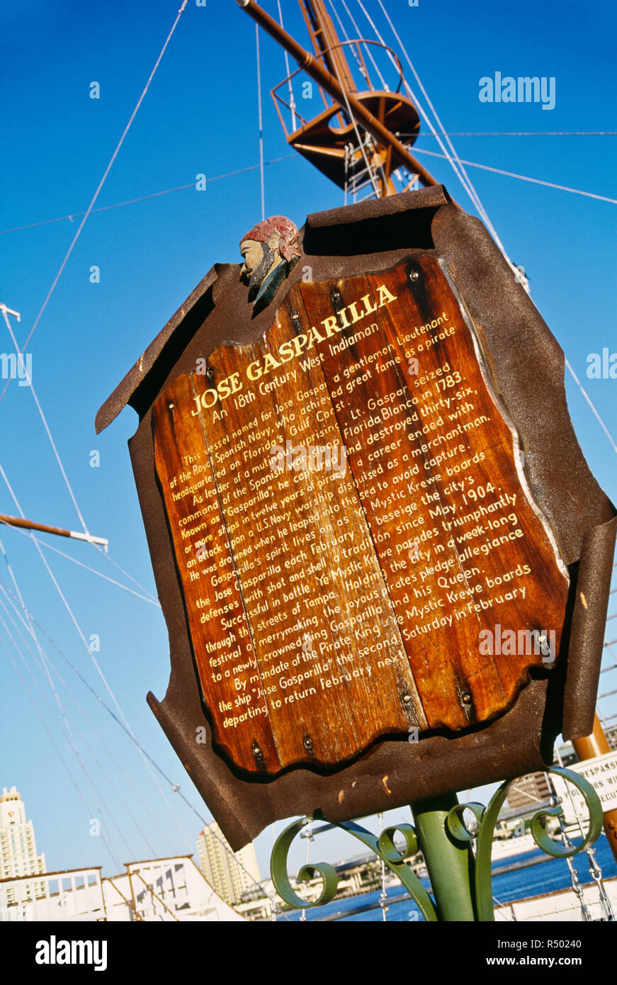 Sign in front of the Jose Gasparilla Pirate Ship, Tampa, USA Stock Photo