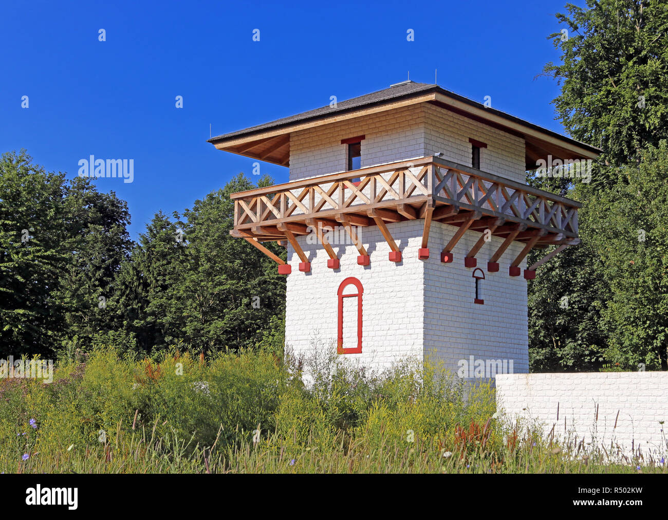 replica reconstructed watchtower on the roman border wall limes Stock Photo
