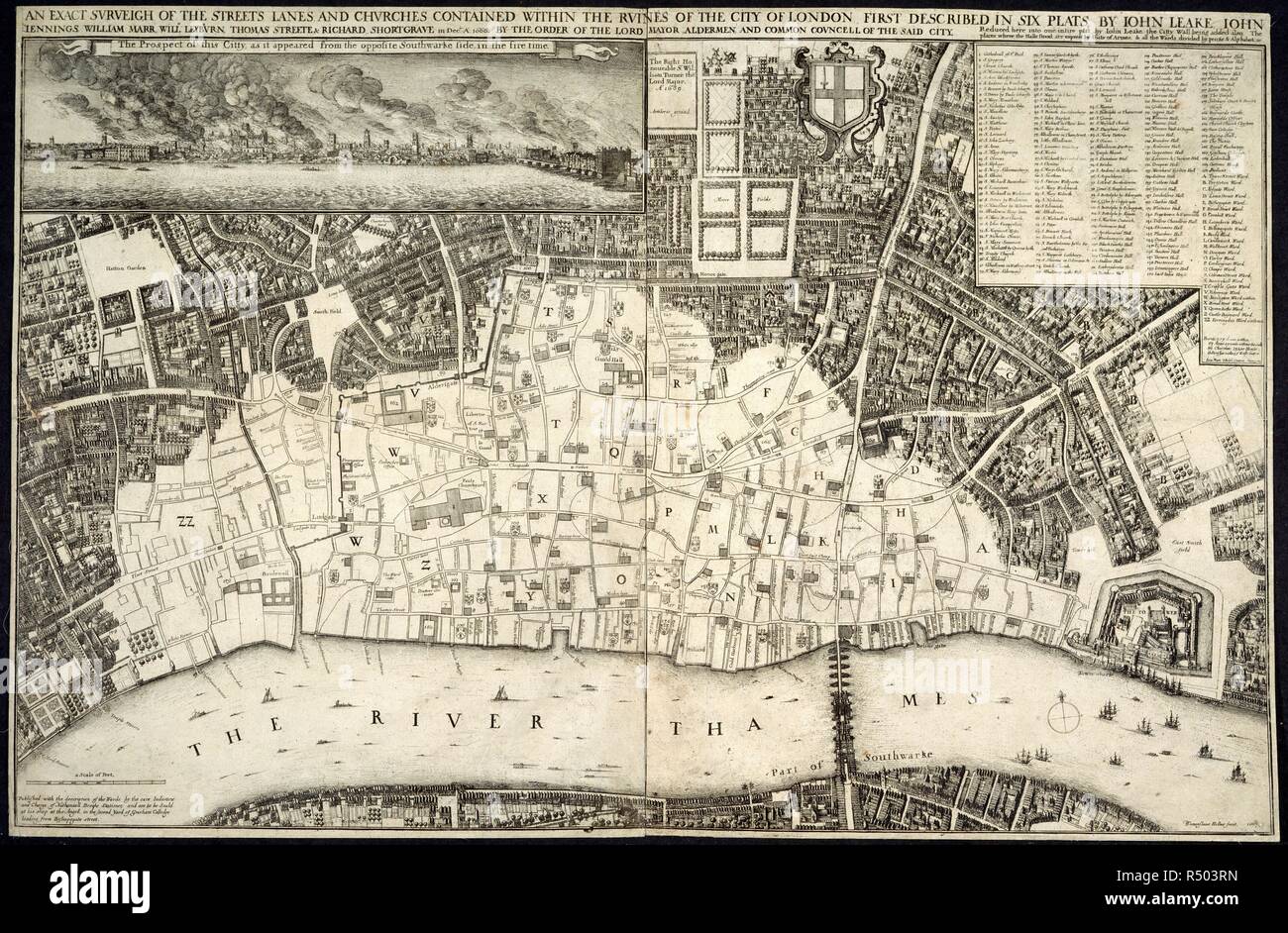 A map of the area of London affected by the great fire of London in 1666. An exact surveigh of the streets, lanes and churches contained within the ruines of the City of London, first described in six plats Reduced here into one entire plat by John Leake Jonas Moore & Ralph Graterix, Surveyors. Wenceslaus Hollar fecit, 1667. London: N. Brooke, [1669]. Source: Maps.Crace.Port.1.50,. Author: Graterix, R. Hollar, W. Leake, J. Moore, Sir Jonas. Stock Photo