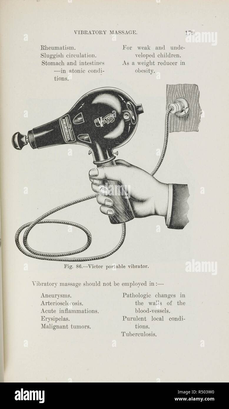 An illustration of a hand held vibrating massage machine, a 'Victor  portable vibrator', used for medical conditions. Hand-Book of  Electro-Therapeutics ... With ninety-one illustrations. Philadelphia, 1910.  Source: 8754.c.5 page 179. Language: English.