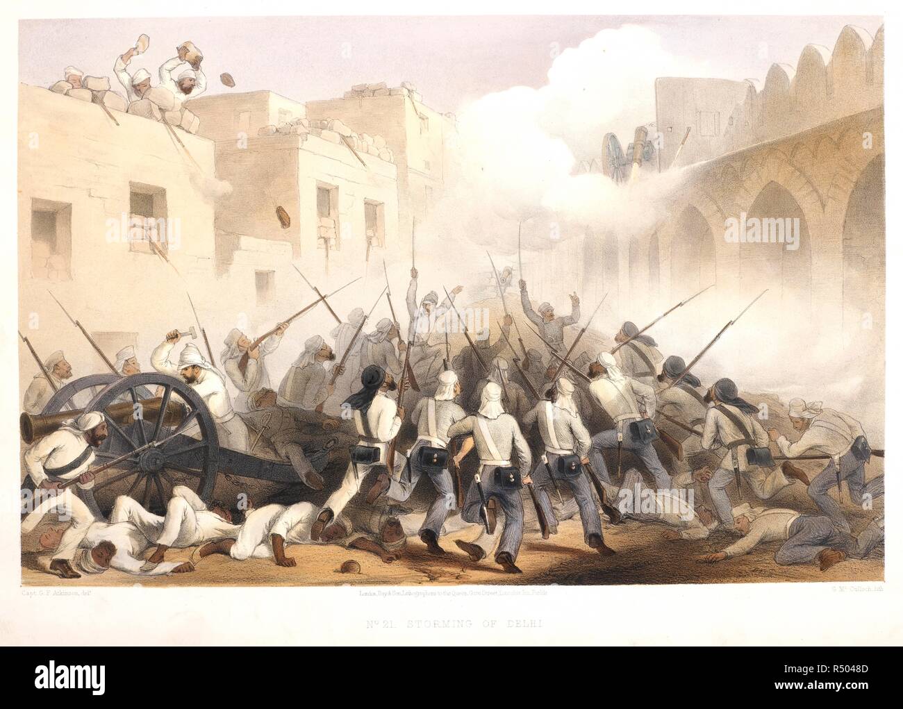 Storming of Delhi. The Campaign in India 1857 - 1858. From drawings made during the eventful period of the Great Mutiny. Day & Son: London, 1859. Storming of Delhi.  Image taken from The Campaign in India 1857 - 1858. From drawings made during the eventful period of the Great Mutiny.  Originally published/produced in Day & Son: London, 1859. . Source: 1781.c.8, 21. Author: ATKINSON, GEORGE FRANKLIN. Atkinson, George Francklin. Stock Photo