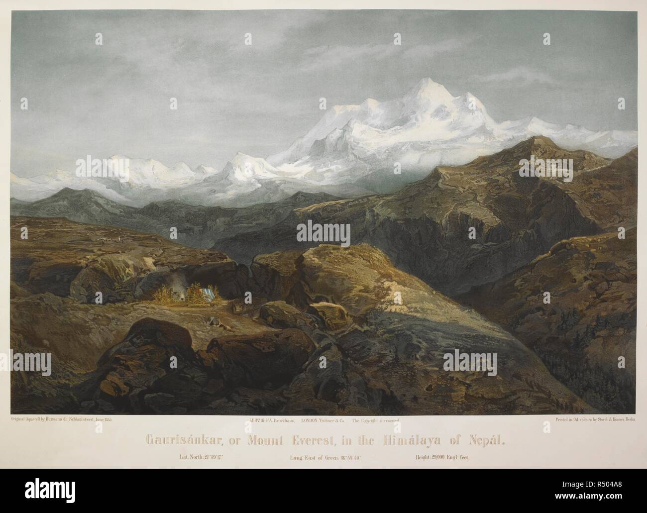 Guarinsankar, or Mount Everest, in the Himalaya of Nepal. . Results of a Scientific Mission to India and High Asia, undertaken between the years 1854 and 1858, by order of the Court of Directors of the Honourable East India Company, by H., A. and R. de Schlagintweit. 19th century. Printed in oil colours. The highest mountain the world. In the Himalayas. Source: 1889.a.8 part 1, plate 1. Stock Photo