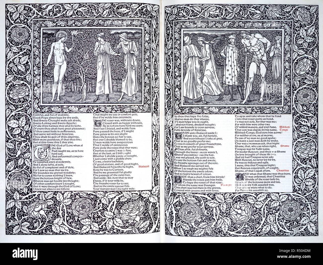 Canterbury Tales. The Works of Geoffrey Chaucer now newly imprinted. Kelmscott  Press: Hammersmith, 1896. Two scenes from the Canterbury Tales. Two  illustrations and text. Image taken from The Works of Geoffrey Chaucer