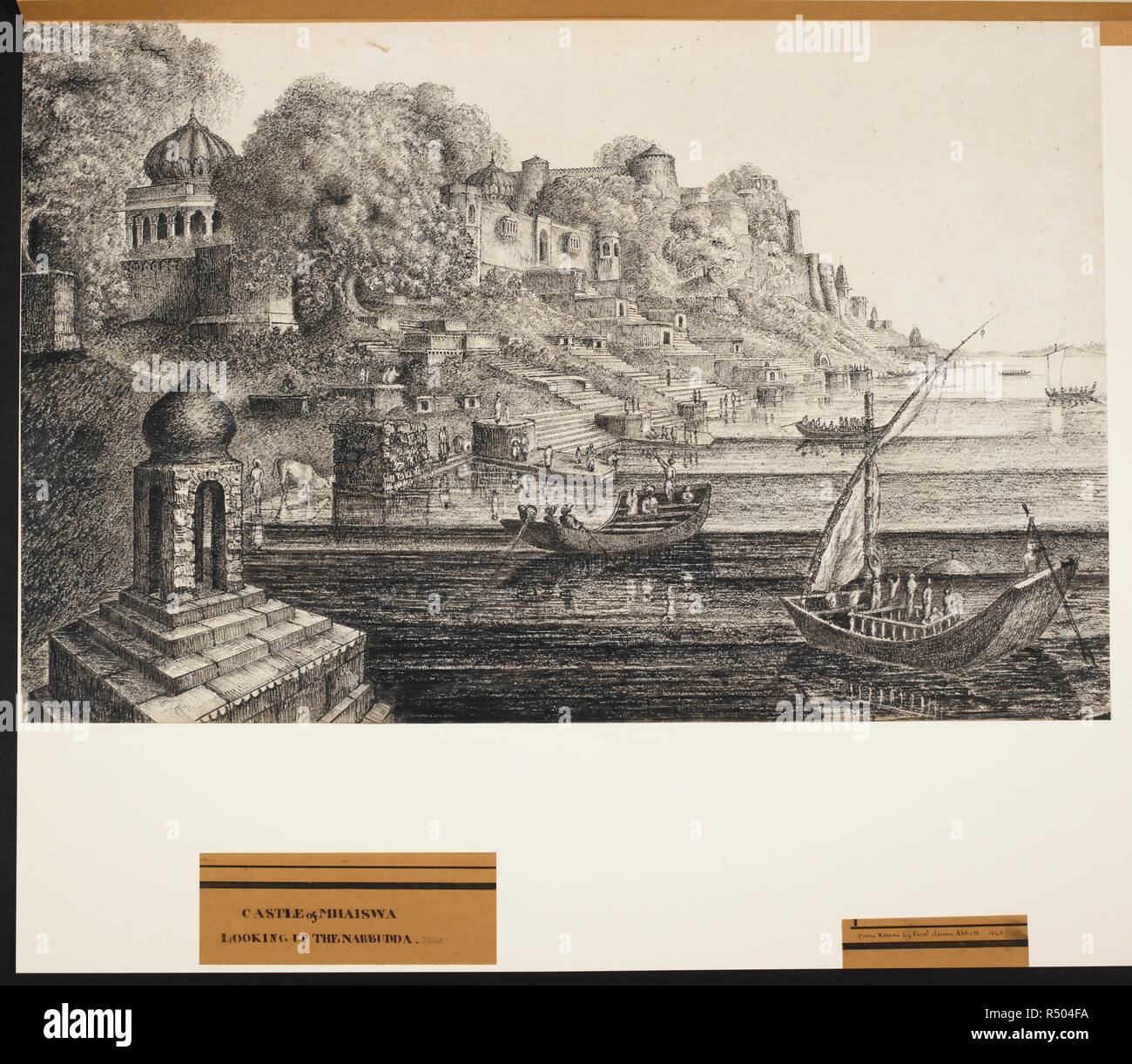 Maheshwar fort. 1843. pencil; ink. Source: WD 3448. Language: English. Author: ABOTT, JAMES. Stock Photo