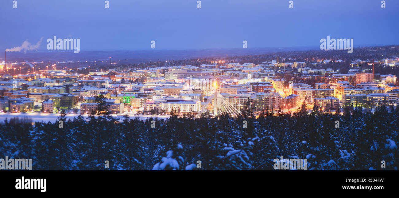 Night winter view of Rovaniemi city, Lapland, Finland Stock Photo
