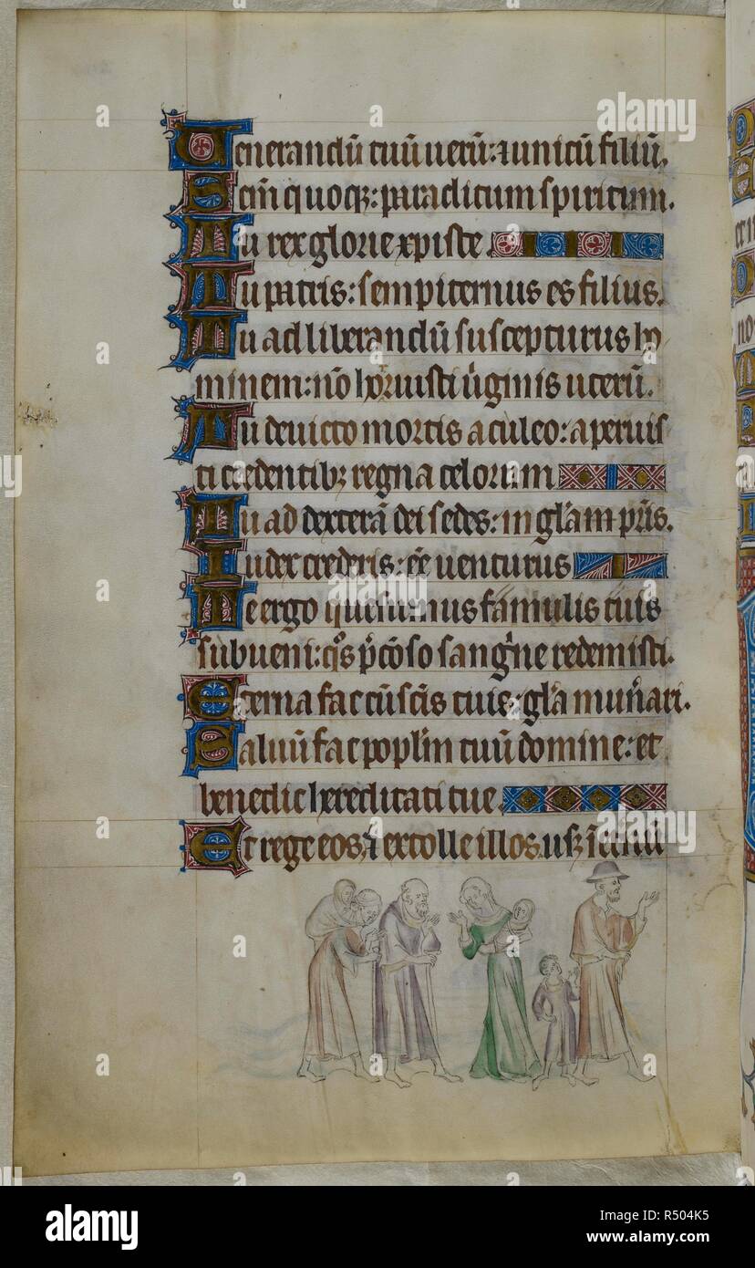 Bas-de-page scene of Thomas Becket and his family journeying on foot into their exile, the women carrying infants. Psalter ('The Queen Mary Psalter'). England (London/Westminster or East Anglia?); between 1310 and 1320. Source: Royal 2 B. VII, f.293v. Language: Latin, with French image captions. Stock Photo
