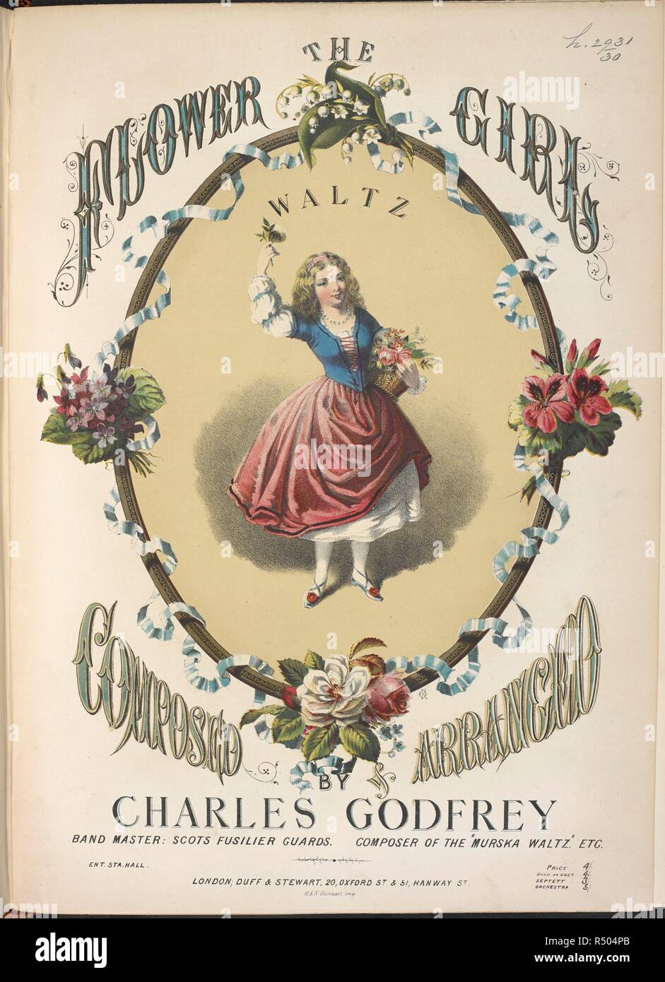 Music cover depicting a young girl selling flowers. . The Flower Girl waltz. [P. F. with cornet accompaniment.]. London, [1867]. Source: h.2931.(30). Author: GODFREY, CHARLES. Stock Photo