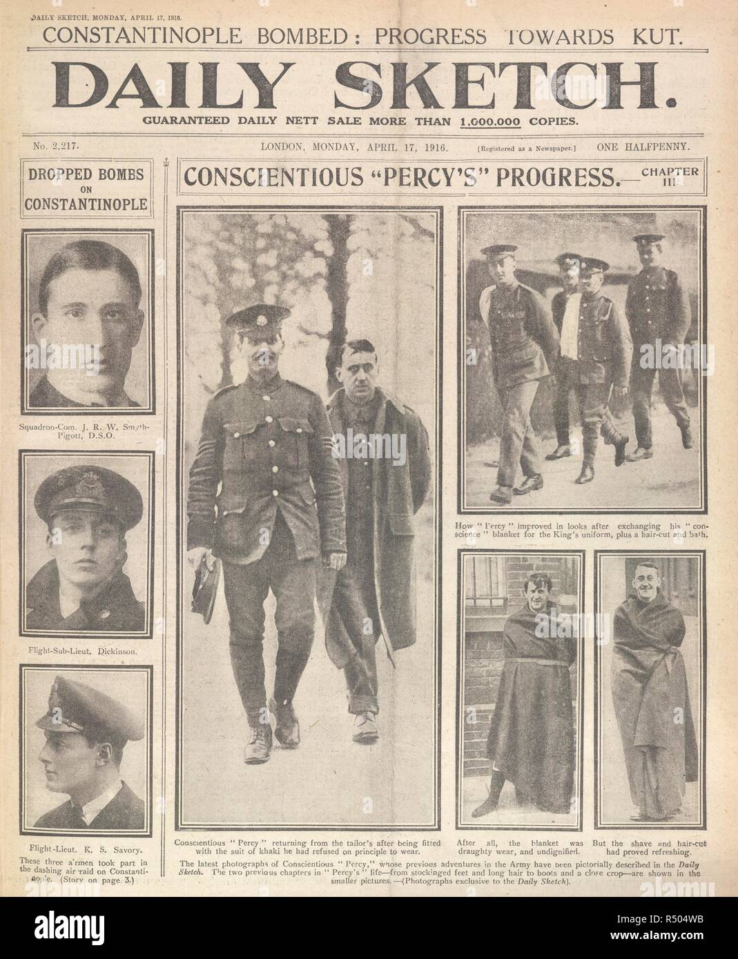 A main article 'Conscientious 'Percy's progress', and a three portraits of pilots who participated in a bombing raid on Constantinople, their names being: Smyth-Pigott, Dickinson, and Savory. Daily Sketch. London, 1916. Source: Daily Sketch, 17 April 1916, front page. Stock Photo