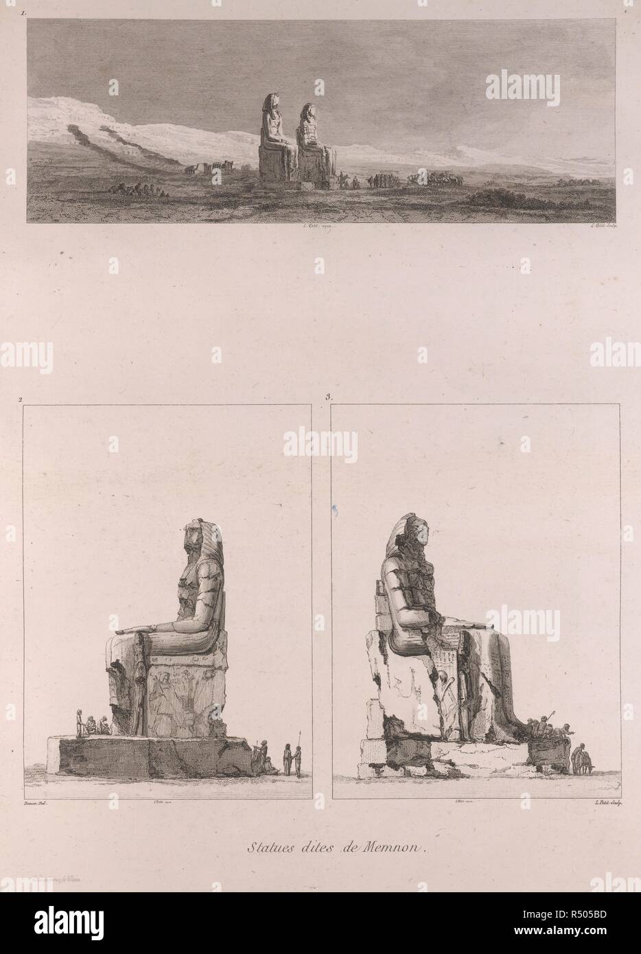 Colossi of Memnon. Voyage dans la Basse et la Haute EÌgypte pendant les campagnes du geÌneÌral Bonaparte. Paris, 1802. Source: 458.h.11-12, plate 44. Language: French. Author: DENON, DOMINIQUE VIVANT, BARON. Stock Photo