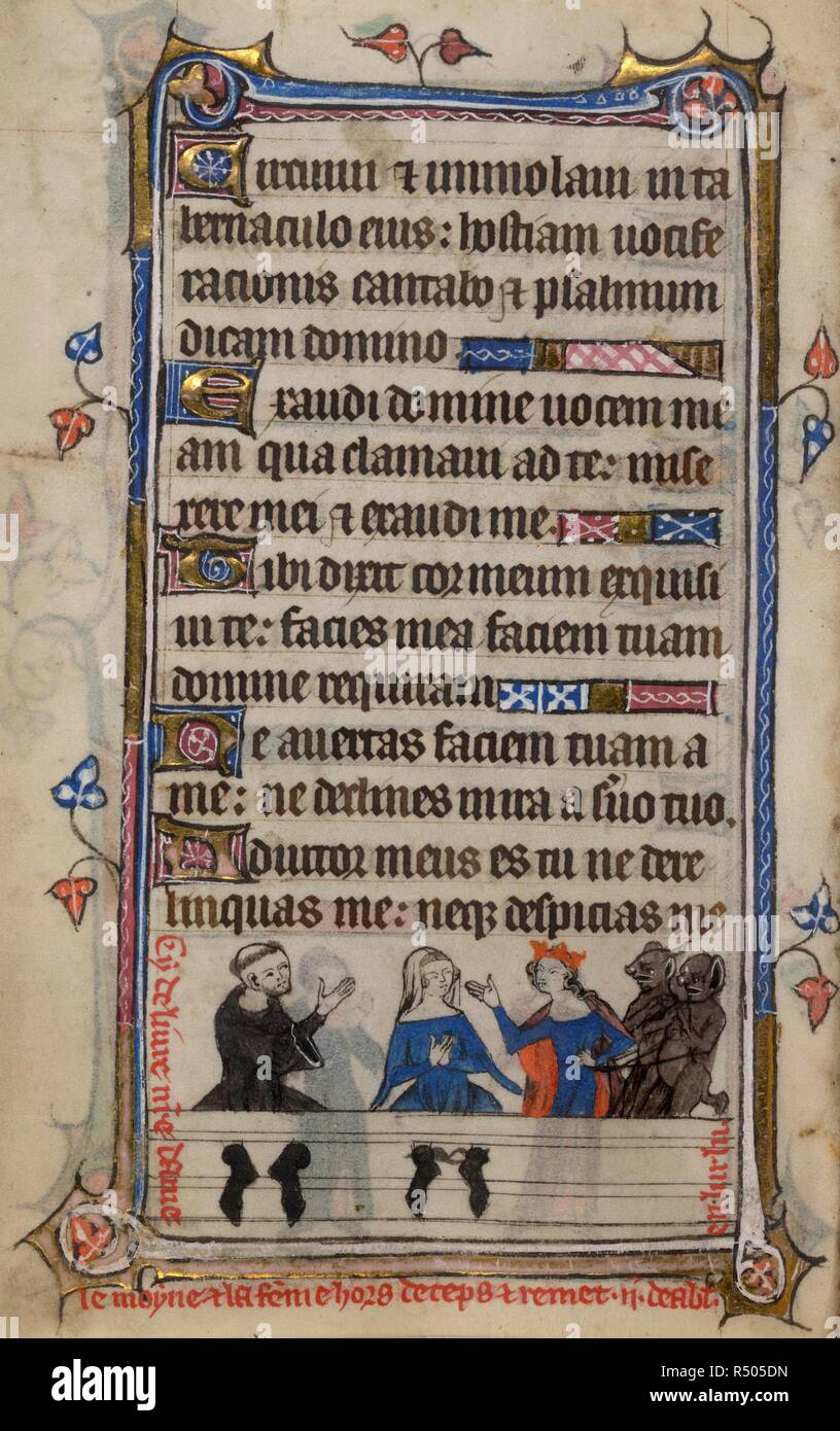 Bas-de-page scene from the Devil in the Stocks, of the monk and woman in the stocks with unbound hands, while the Virgin Mary leads two devils on a cord, with a caption reading, â€˜Cy deliver n[ost]re dame le moyne et la fe[m]me hors de ceps et remet .ii deabl[es] en lur luâ€™ . Book of Hours, Use of Sarum ('The Taymouth Hours'). England, S. E.? (London?); 2nd quarter of the 14th century. Source: Yates Thompson 13, f.169v. Language: Latin and French. Stock Photo