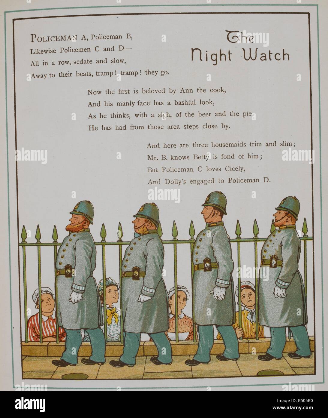 The night watch. Four policeman. Illustration from â€˜London townâ€™. London town. Marcus Ward & Co.: London, 1883. Image taken from : London Town. Verses by Felix Leigh. Source: 12805.s.9, page 41. Author: Crane, Thomas. Stock Photo