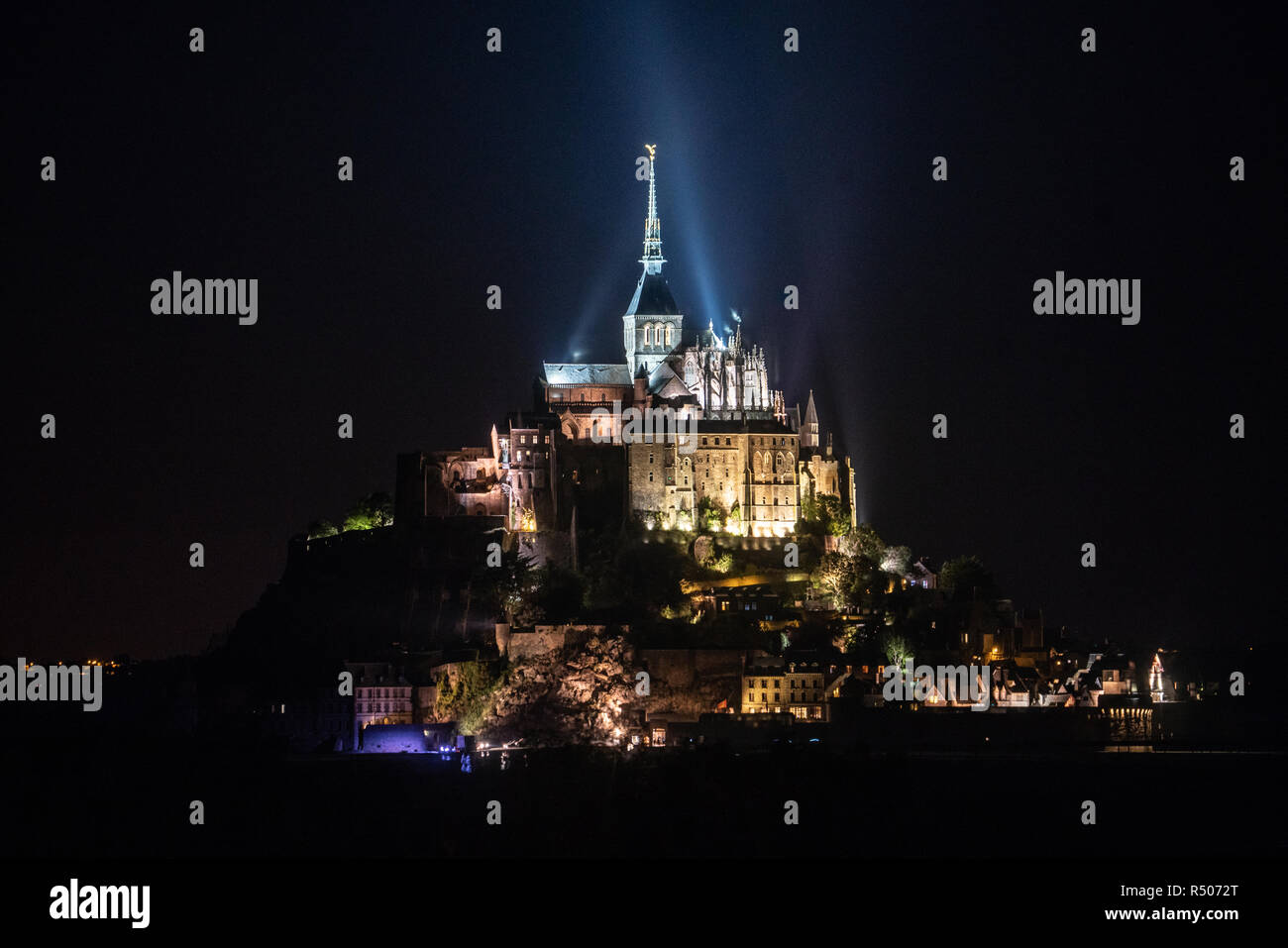 Night time view of Mont saint Michel in Normandy France Stock Photo
