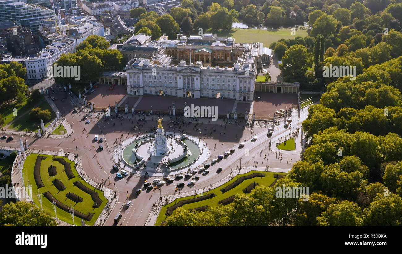 Aerial View of Royal Residence Buckingham Palace feat. Victoria Memorial. Famous Iconic Monarch Building of the United Kingdom in City of Westminster Stock Photo