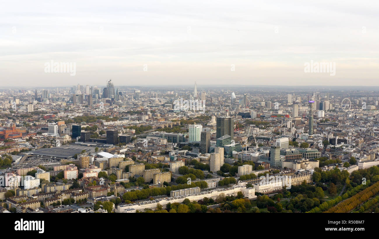 Aerial view cityscape of London with urban architectures. Icons of the London skyline feat residential neighborhood such as Euston, Marylebone UK Stock Photo