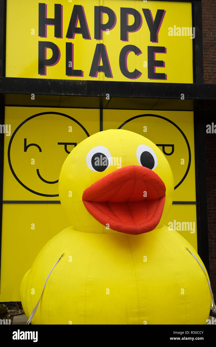 Giant inflatable yellow rubber duck at Happy Place pop-up art installation at Toronto Harbourfront Centre Stock Photo