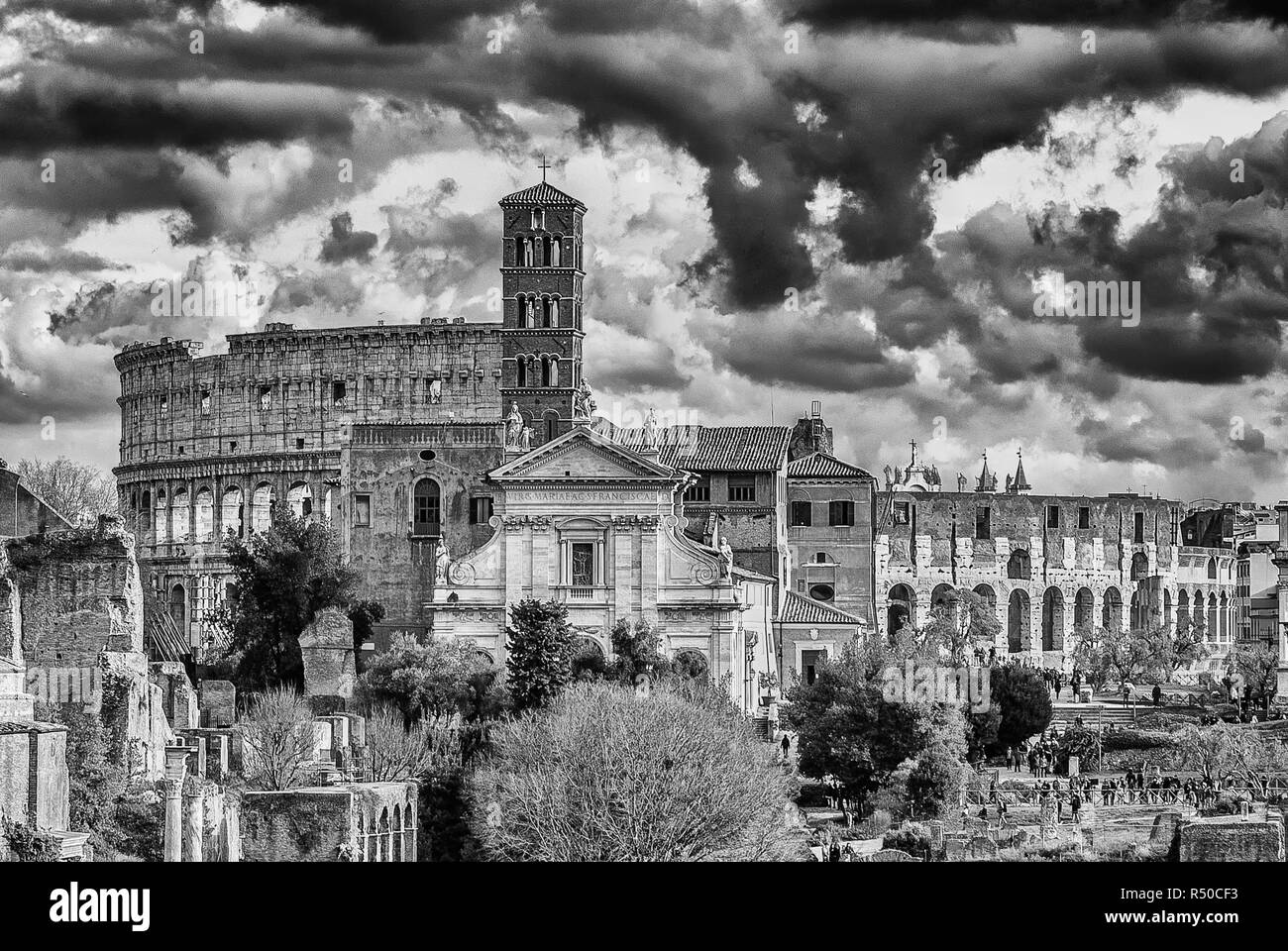 Coliseum and Roman Forum monuments in black and white engraving or etching style Stock Photo