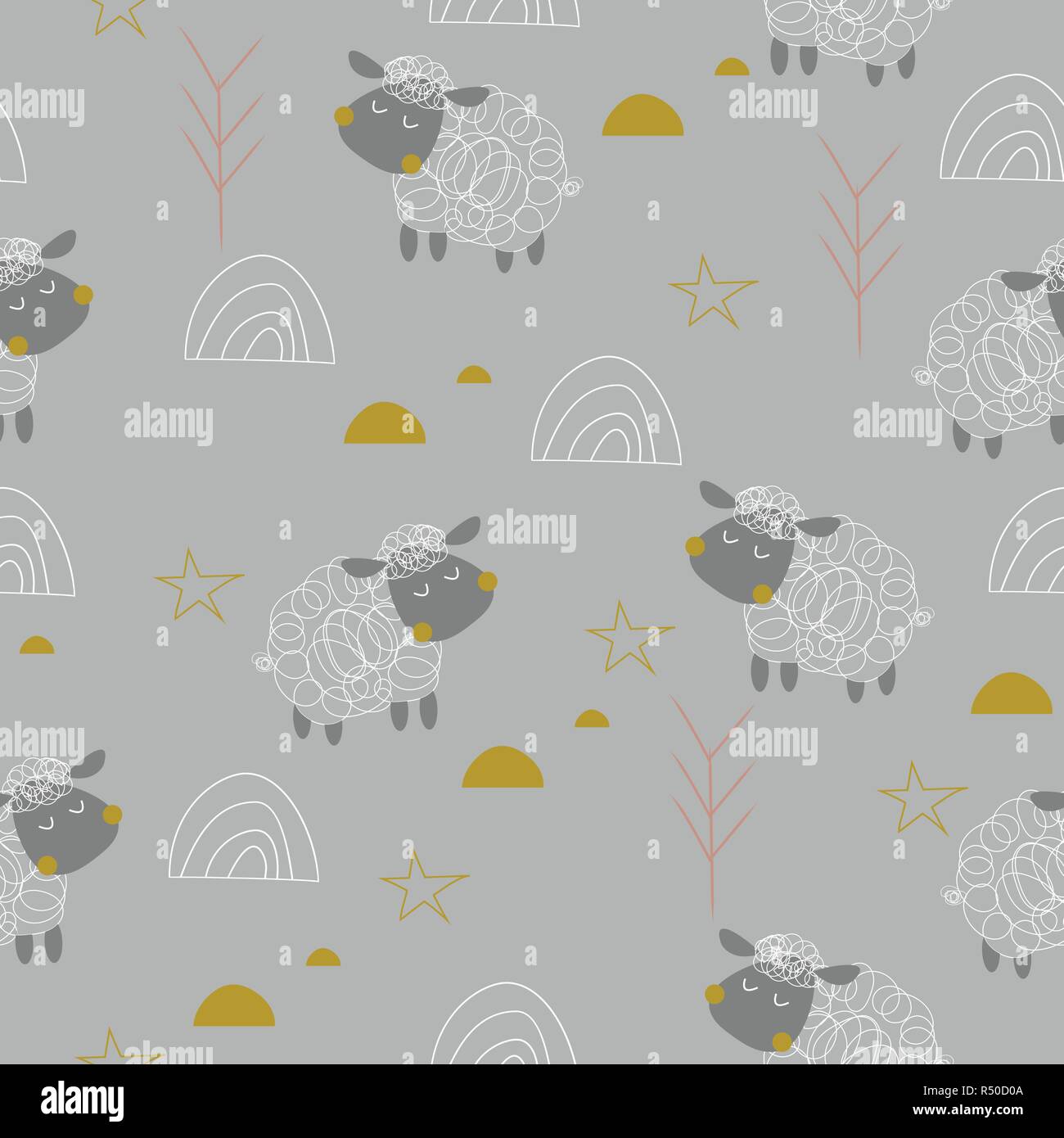 Baby sheeps seamless pattern on the grey background. Vector illustration Stock Vector
