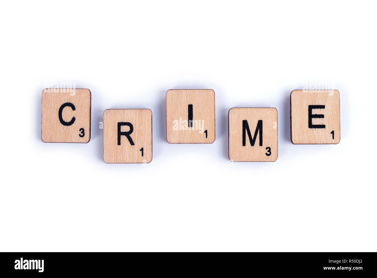 LONDON, UK JULY 7TH 2018 The word CRIME, spelt with wooden letter