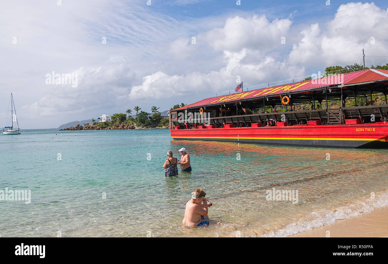 Honeymoon Beach Water Island St. Thomas Virgin Islands - Kon tiki II pleasure boat Stock Photo