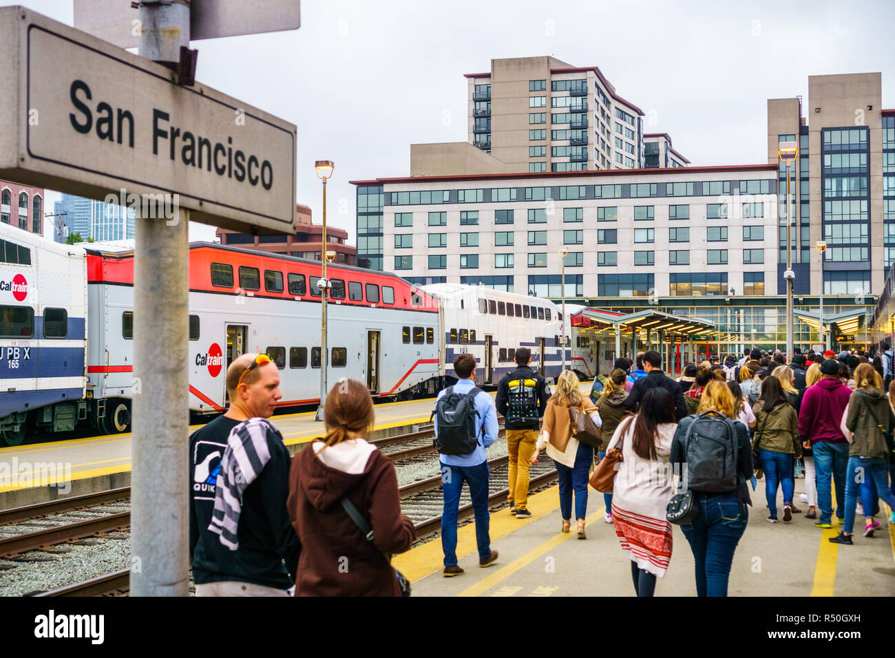 August 21, 2018 San Francisco / CA / USA - Crowds of people on a Caltrain platform after arriving in San Francisco Stock Photo