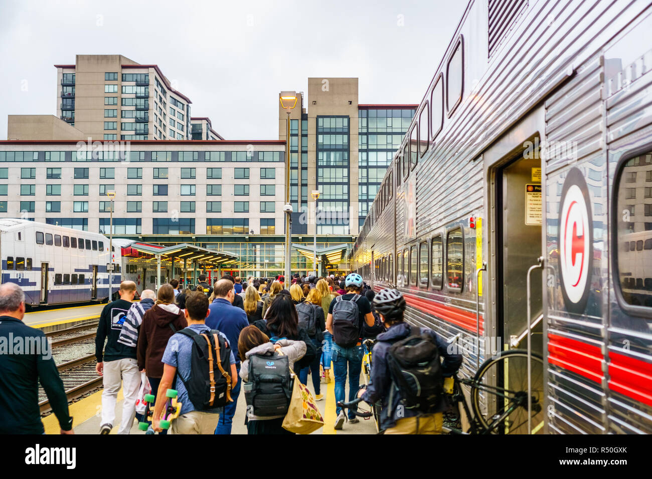 August 21, 2018 San Francisco / CA / USA - Crowds of people on a Caltrain platform after arriving in San Francisco Stock Photo