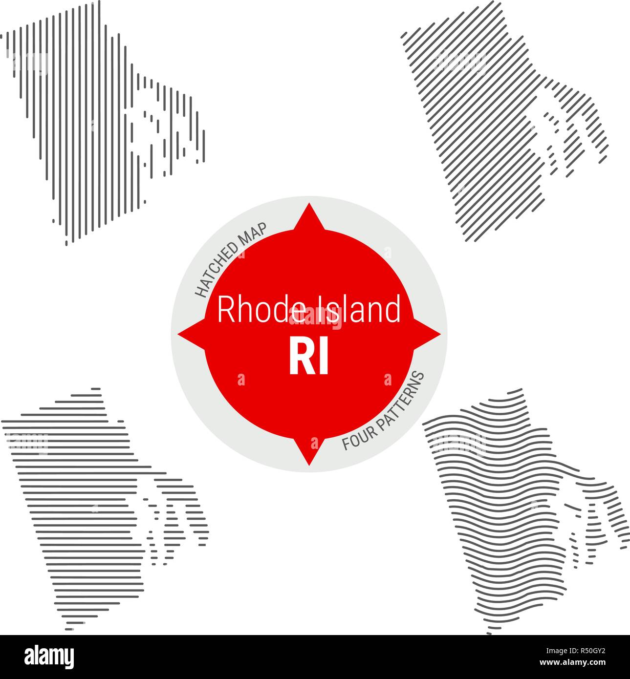 Hatched Pattern Vector Map of Rhode Island. Stylized Simple Silhouette of Rhode Island. Four Different Patterns Stock Vector