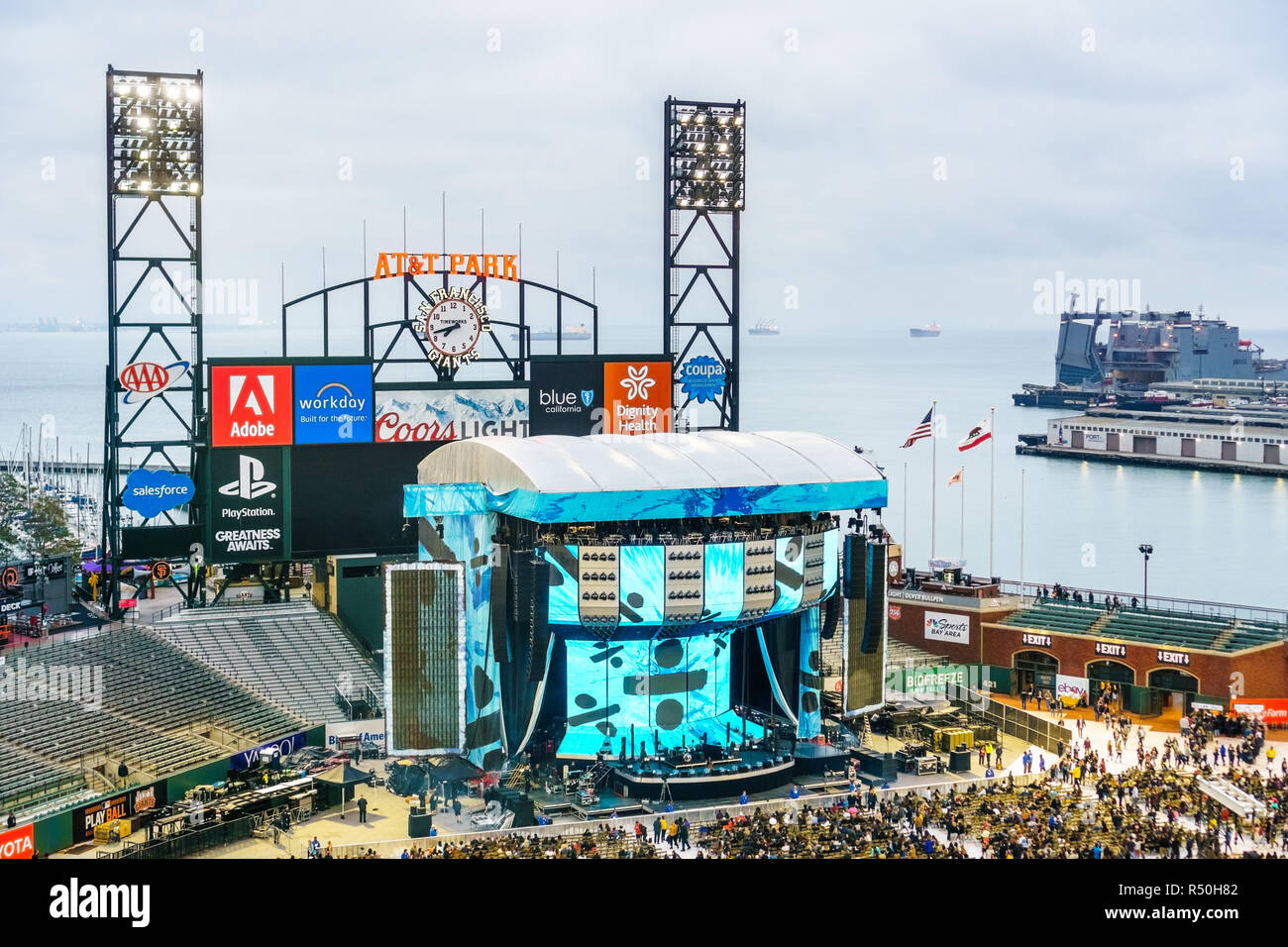 August 21, 2018 San Francisco / CA / USA - Aerial view of the AT&T Park stadium before a music concert; stage installed in front of the billboard Stock Photo