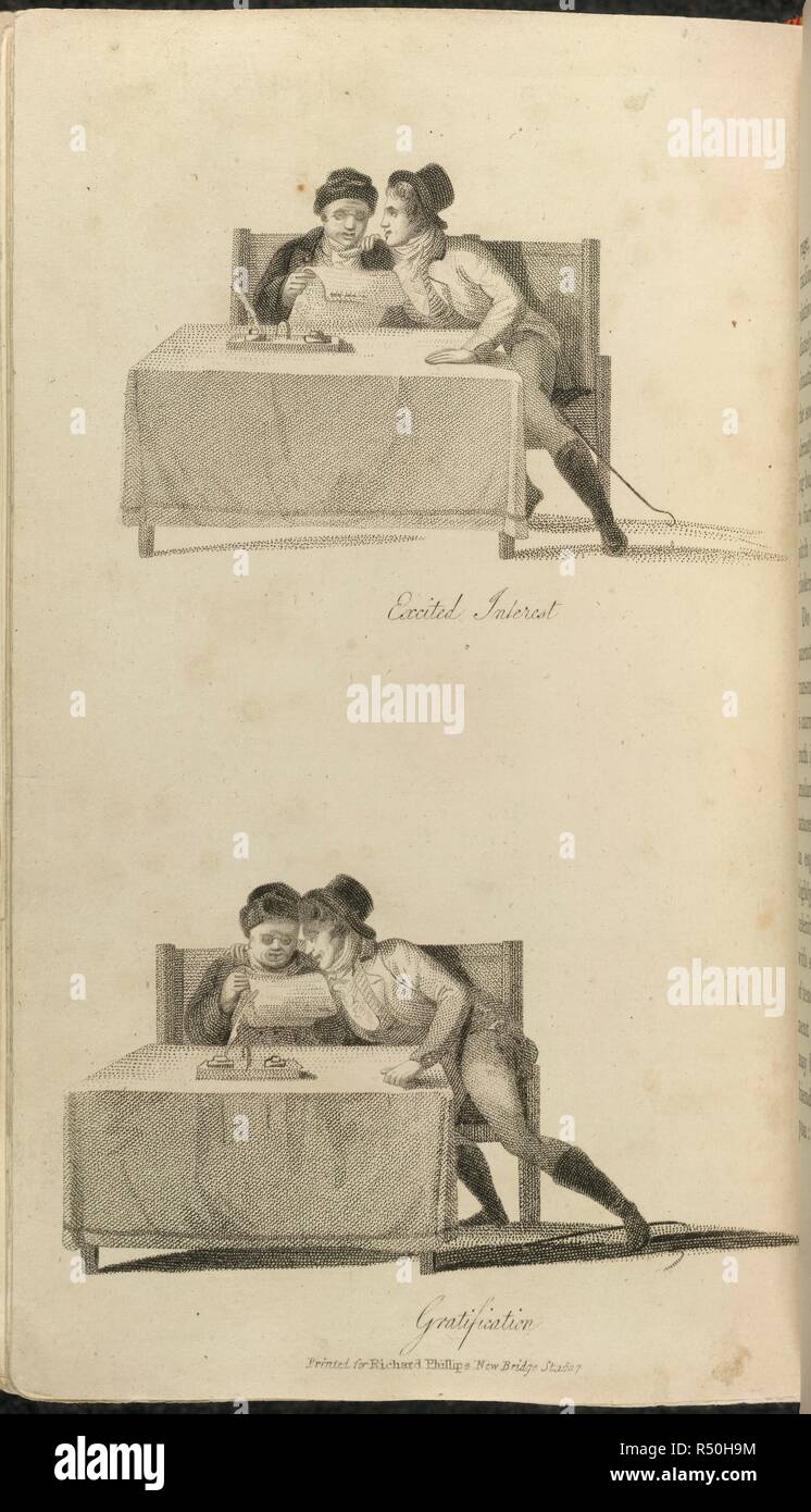 Illustrations showing examples of excited interest and gratification. Practical Illustrations of Rhetorical Gesture and Action, adapted to the English drama. From a work on the same subject by M. Engel [i.e. Ideen zu einer Mimik] By Henry Siddons. Embellished with numerous engravings, expressive of the various passions, and representing the modern costume of the London theatres. Richard Phillips: London, 1807. Source: 11796.b.23, before page 335. Language: English. Author: Engel, Johann Jacob. Stock Photo