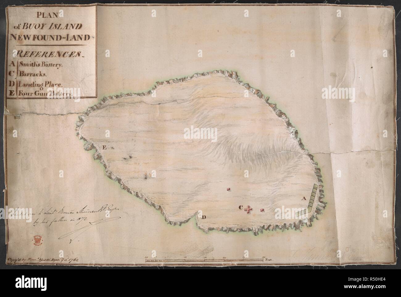 Plan of Buoy island, New found-land. References: A: Smith's battery. B: Barracks C: Landing place D: Four gun battery. . MAPS and Plans, chiefly of fortifications or surveys for miltary purposes. 17th century-18th century. Cop'd by Fran. (Francis) Assiotti, Sept. 1762. Source: Add. 33231.ii.15. Stock Photo