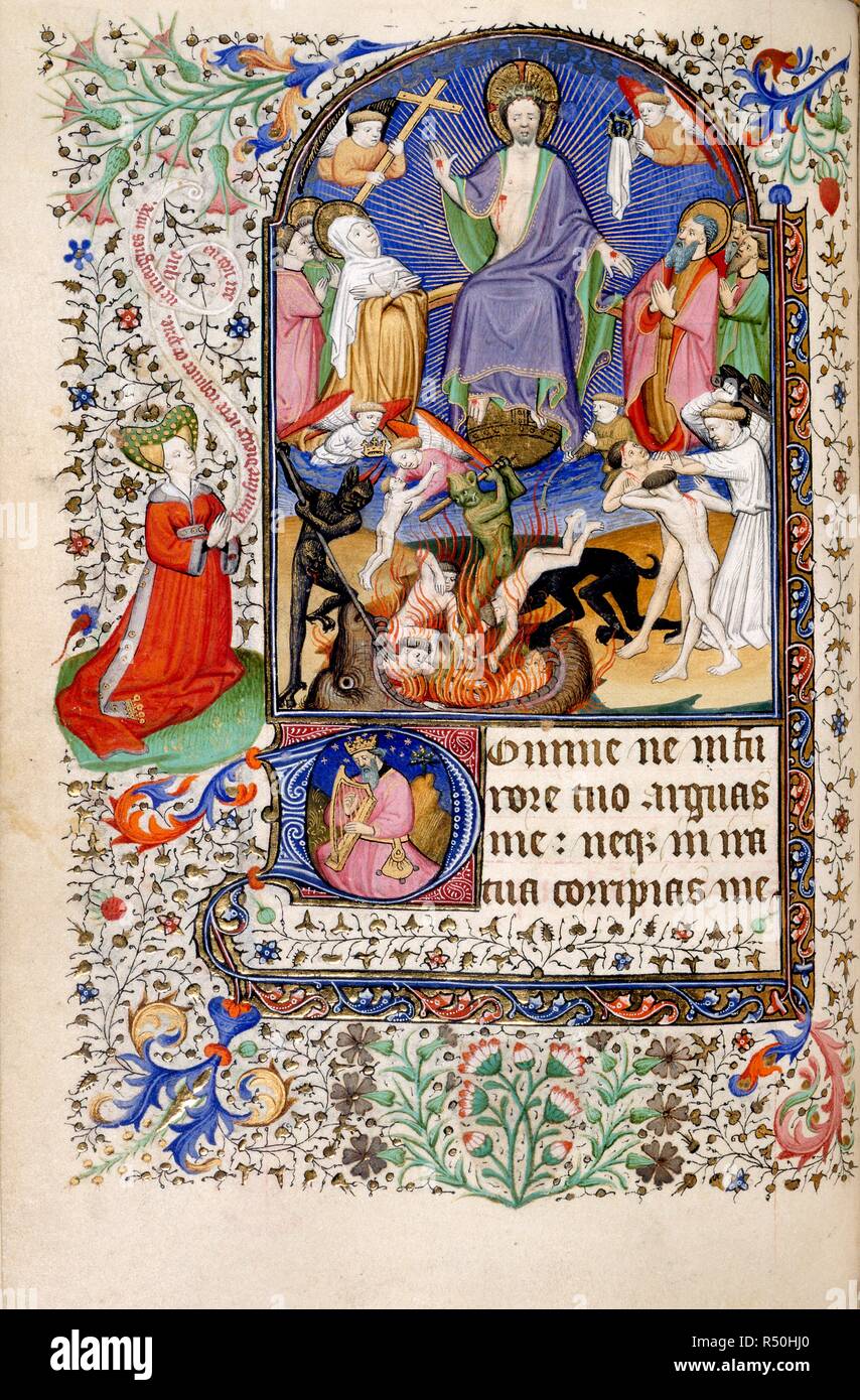 The Last Judgement. Book of Hours. France [Paris]; circa 1436. [Whole folio] Penitential Psalms. Christ seated, showing his wounds, with kneeling figures, and the damned thrown by demons into the mouth of hell. Psalm 6 beginning with intial 'D', David harping. Borders with foliate decoration, including the kneeling figure of the female patron  Image taken from Book of Hours.  Originally published/produced in France [Paris]; circa 1436. . Source: Add. 18192, f.89v. Language: Latin and French. Author: Master of the Munich Golden Legends. Stock Photo