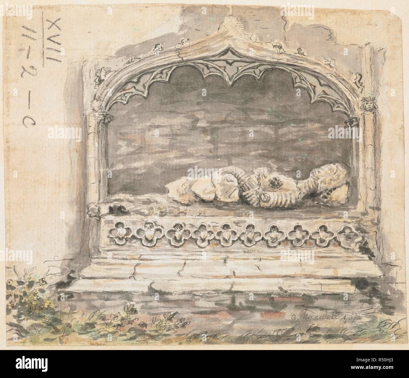 A side view of the effigy of Sir John Grove (died 1450) within a niche