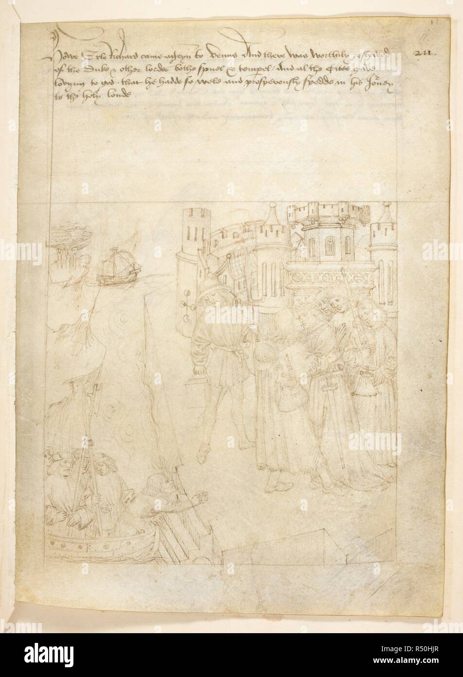 The baptism of Richard Beauchamp, Earl of Warwick. His two godfather's are King Richard II and Richard Scope, the bishop of Lichfield.  . Beauchamp pageants. S. Netherlands [Bruges?]; after 1483. Source: Cotton Julius E. IV art.6. Stock Photo