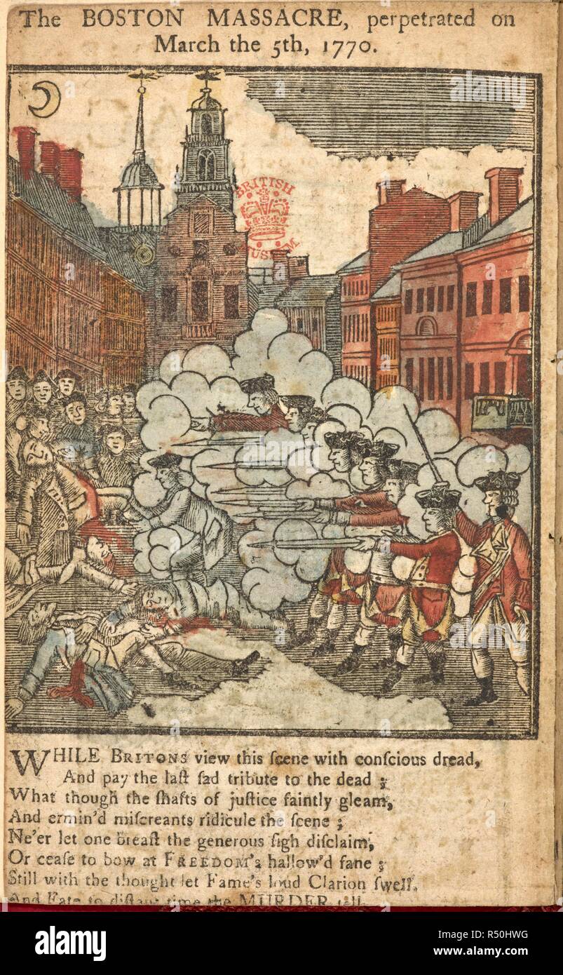 The Boston Massacre, perpetrated on March 5th, 1770. The Boston Massacre, known as the Incident on King Street by the British, was an incident on March 5, 1770, in which British Army soldiers killed five civilian men and injured six others. . The Massachusetts Calendar, for ... 1772 ... By Philomathes. Boston [U.S., 1771]. Source: P.P.2571.n. Stock Photo
