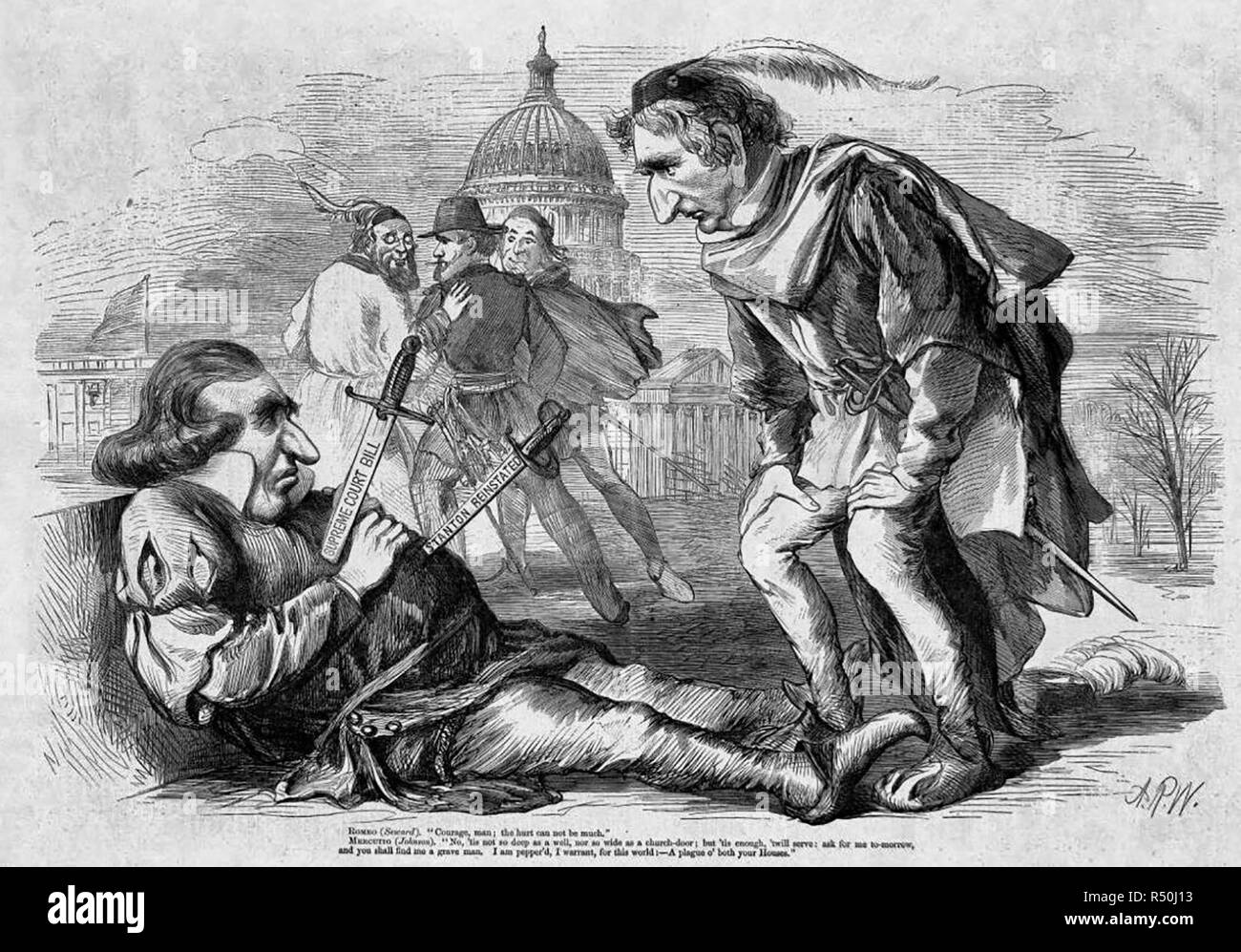 Andrew Johnson (left) as Mercutio wishes a plague on both Houses of Congress as Romeo (William H. Seward) leans over him. Political Cartoon, 1868 Stock Photo
