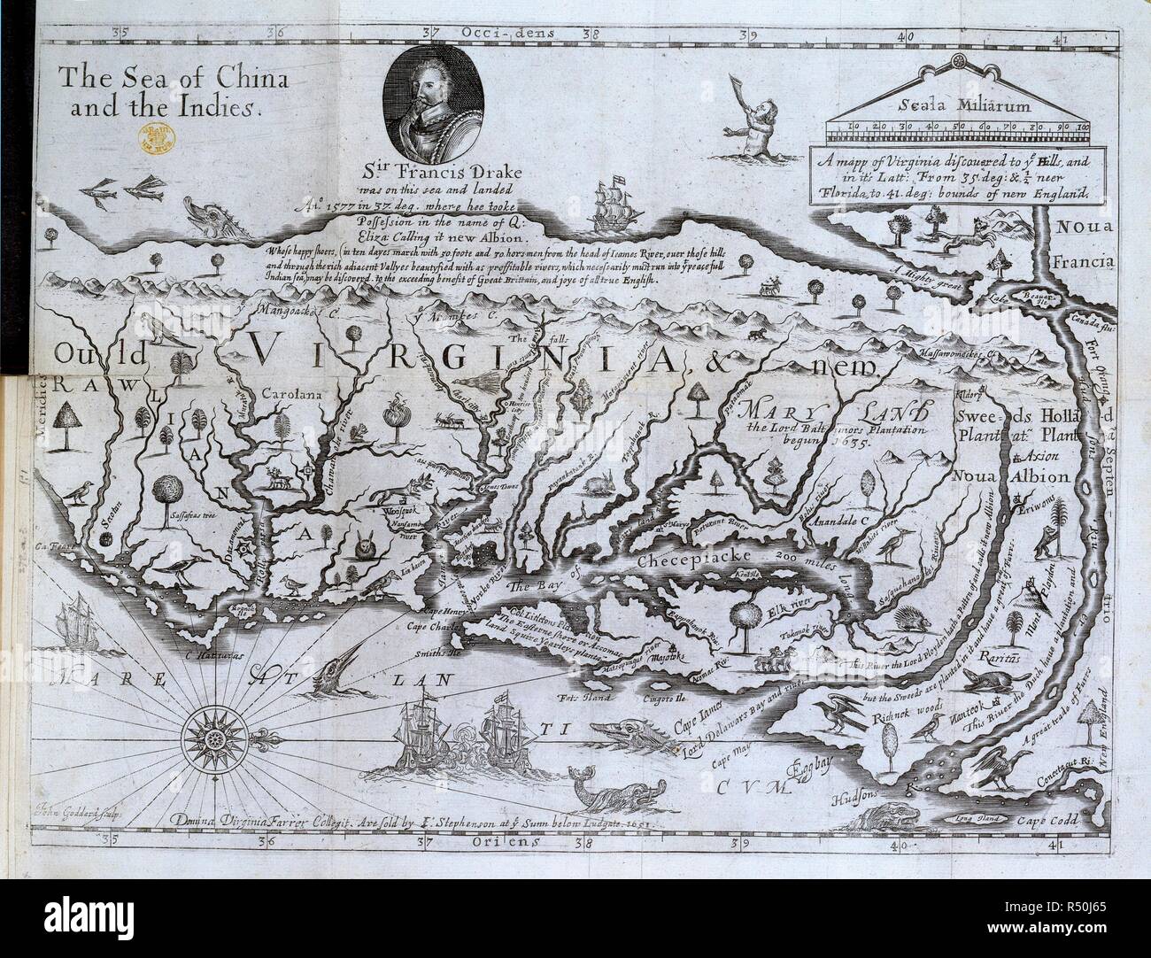 Map of Virginia. The Discovery of New Brittaine. Began August 27 .. Thomas Harper for John Stephenson: London, 1651. Source: 278.a.3,. Stock Photo