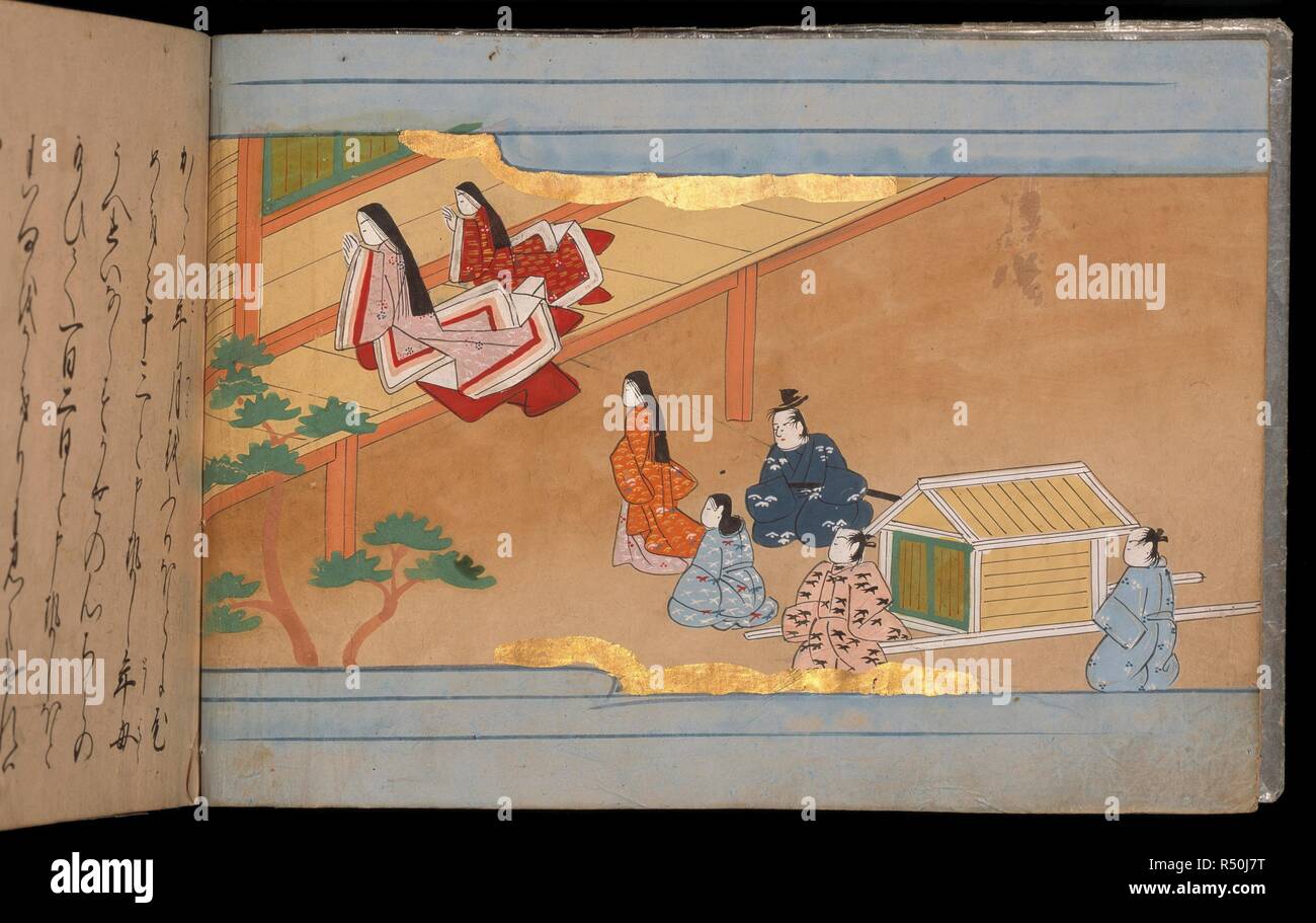 Japanese ladies and a palanquin. Hachikazuki ('Tale of Hachikazuki'). early Edo period (1640-1680). From a manuscript telling the story of a princess forced to wear a bowl on her head and later finding fame and fortune through the divine help of the goddess Kannon.  Image taken from Hachikazuki ('Tale of Hachikazuki').  Originally published/produced in early Edo period (1640-1680). . Source: Or. 12885 volume 1, f.2v. Language: Japanese. Stock Photo
