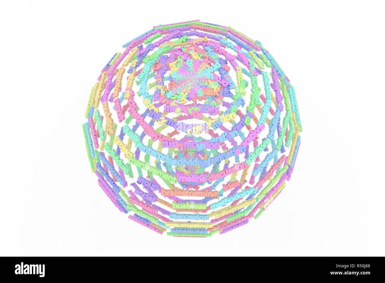 Colorful 3D rendering. CGI typography, sphere or planet, made up from ...