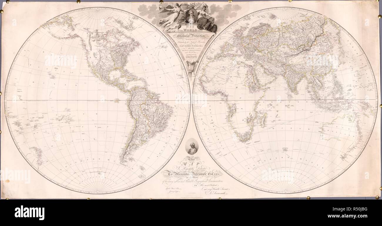 A map of the world on a globular projection. Map of the World on a Globular Projection, exhibiting particularly the nautical researches of Capn. James Cook, F.R.S., with all the recent Discoveries to the present time, carefully drawn by A. Arrowsmith. London : A. Arrowsmith, January 1st, 1794. Source: Maps K.Top.4.36.1.11 TAB. Language: English. Author: Arrowsmith, Aaron. Foot, Thomas. Stock Photo