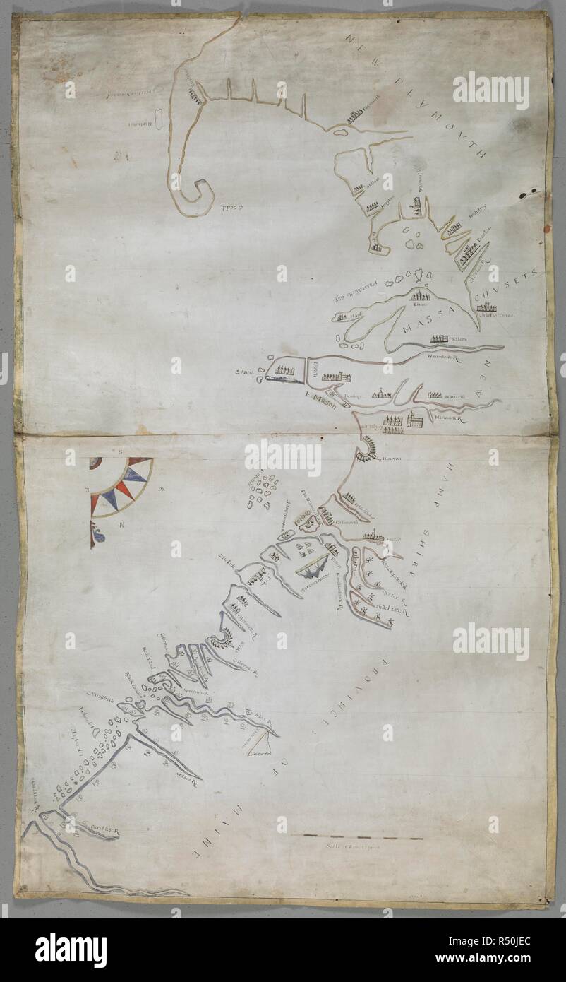 A chart of the coast of Maine, New Hampshire, Massachusetts, and New Plymouth, around 1680. A chart of the coast of Maine, New Hampshire, Massachusetts, and New Plymouth; drawn [by John Scott?] about 1680, on a scale of 1 1/2 league to an inch. c.1680. Ms. 3 f. 9 in. x 2 f. 3 in.; 114 x 69 cm.; Scale ca. 1: 285 120. 1 1/2 league to an inch. Source: Add. 5414.22. Stock Photo